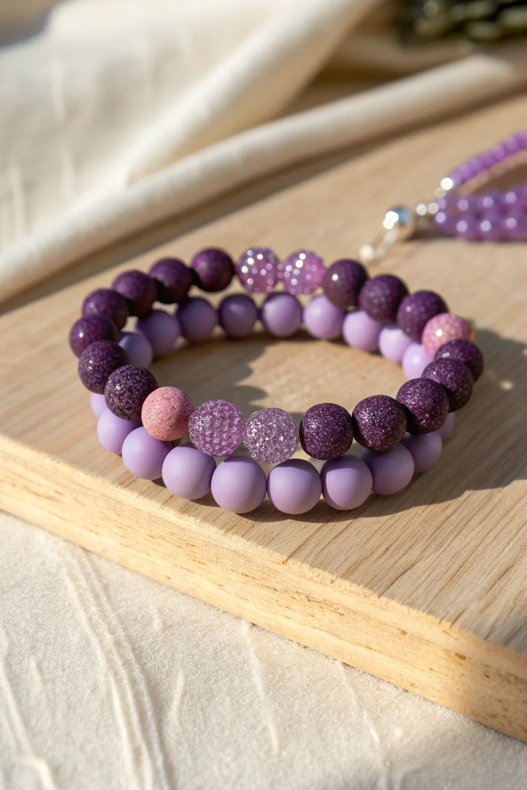 Glitter kissed purple clay bead stack that feels minimal, boho, and perfectly handmade