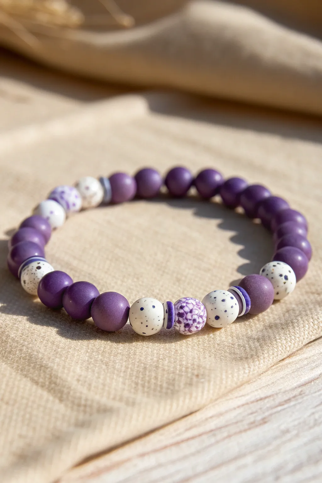 Purple terrazzo confetti bracelet with speckled beads for a playful minimalist boho look.