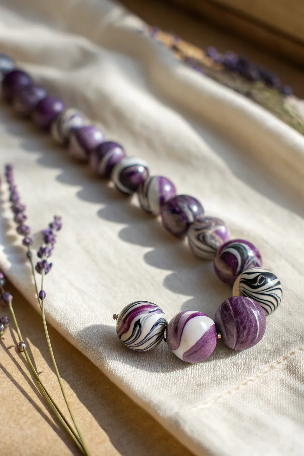 Purple galaxy swirl beads with crisp marbling, a simple DIY clay accent for minimalist jewelry.