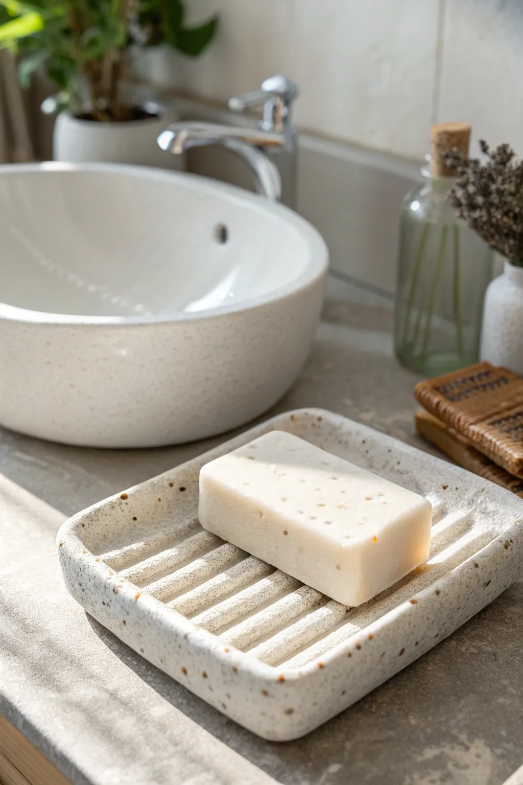 Minimal air-dry clay soap dish with ridges for drainage, styled bright by the sink.