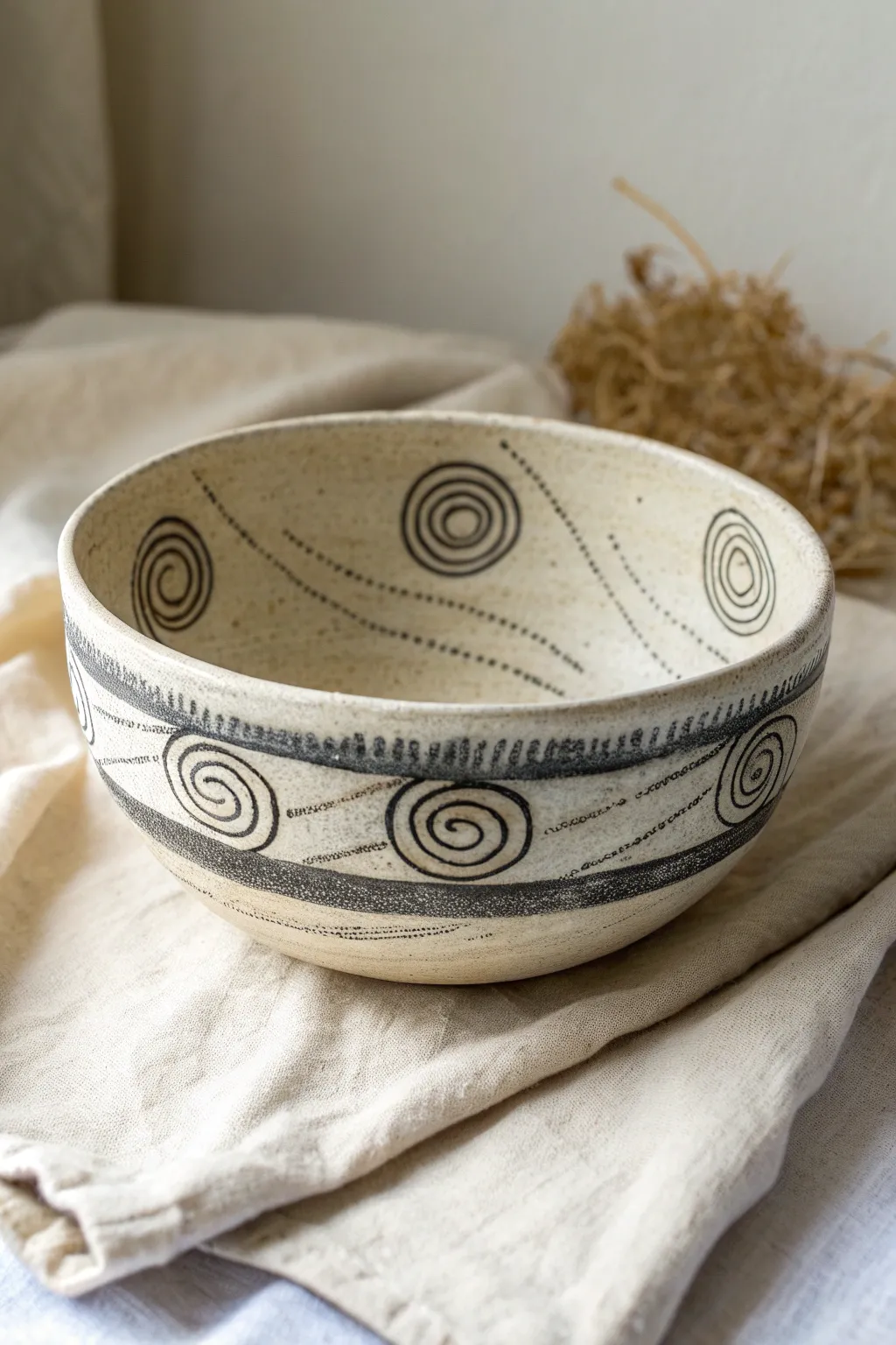 Fossil-inspired raku bowl with carved spirals and smoky reduction contrast, minimal and handmade
