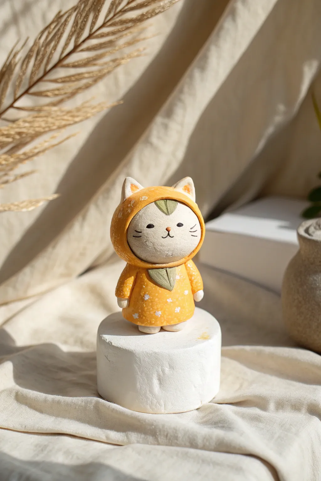 Whimsical clay cat in a citrus peel costume, minimalist boho styling and crisp contrast.