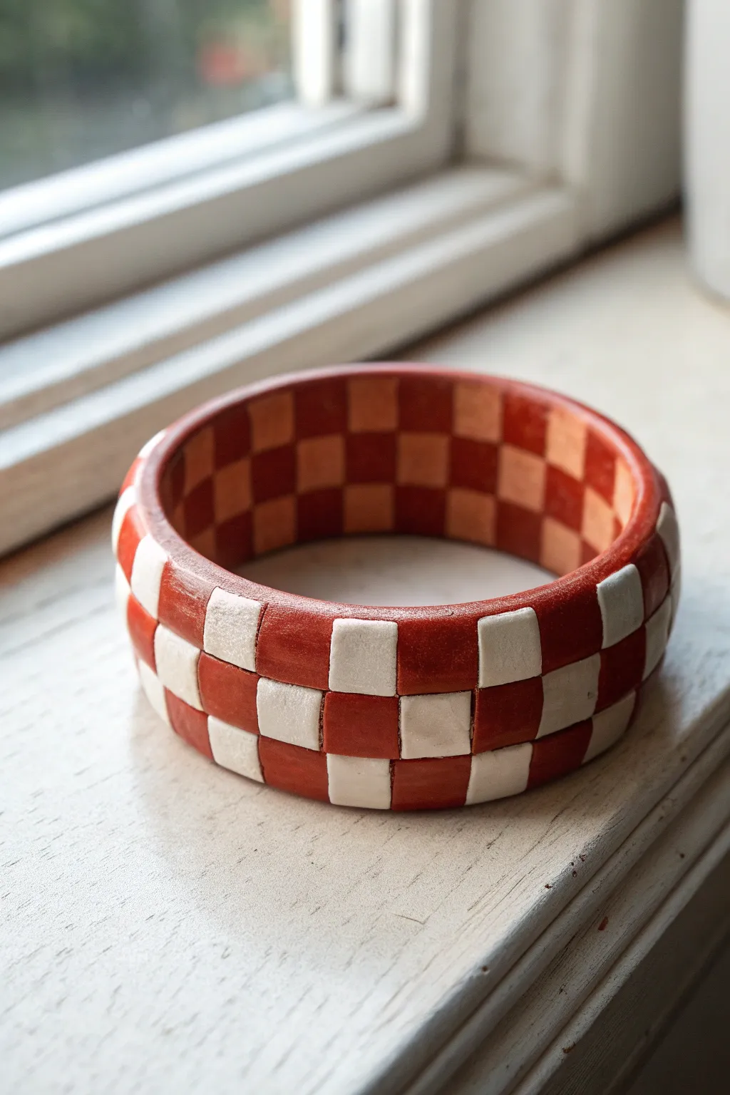 Minimal red checkerboard clay bracelet with clean Scandinavian vibes and a soft boho touch
