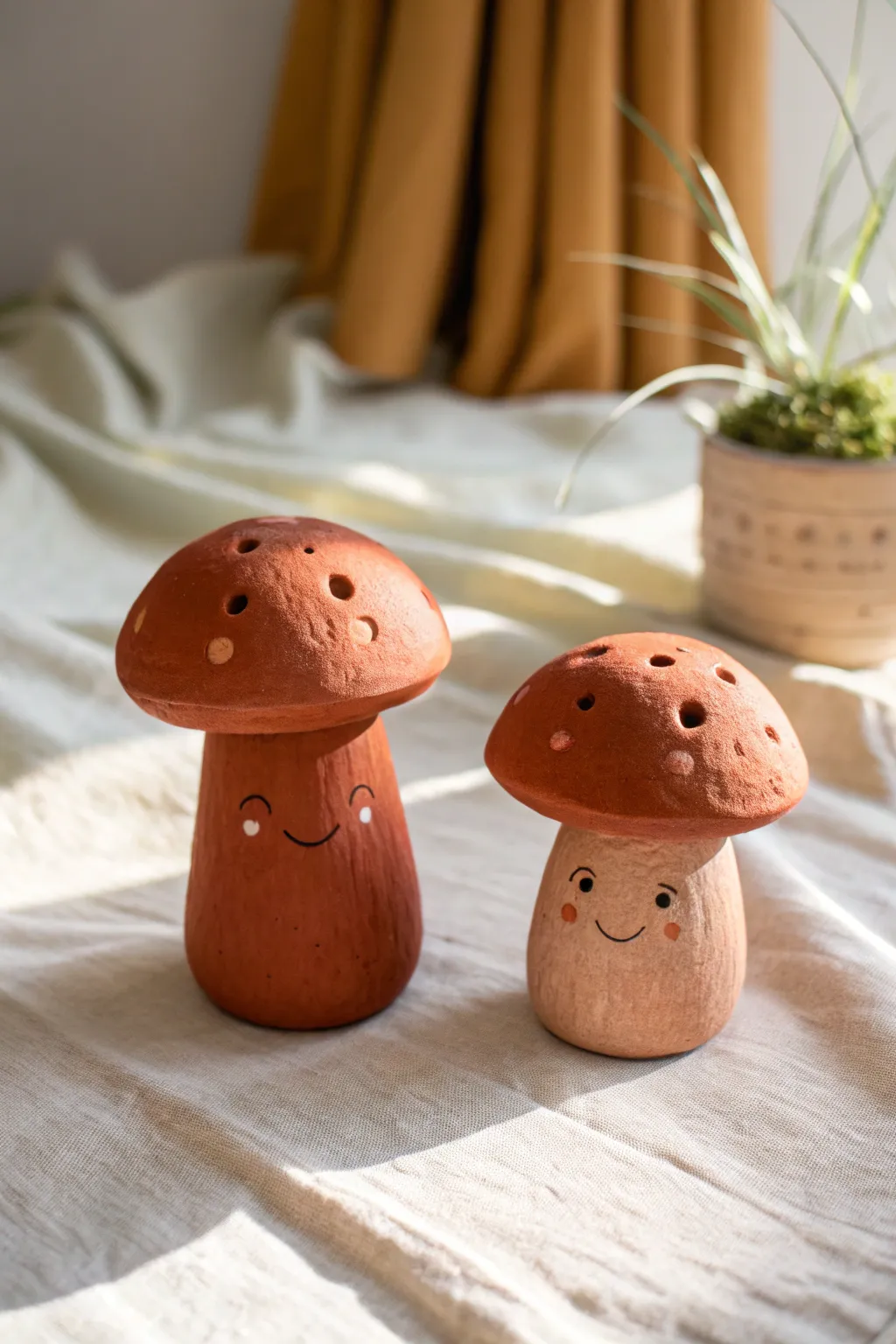 Two red clay mushroom buddies in minimalist Scandinavian styling, warm terracotta and soft light