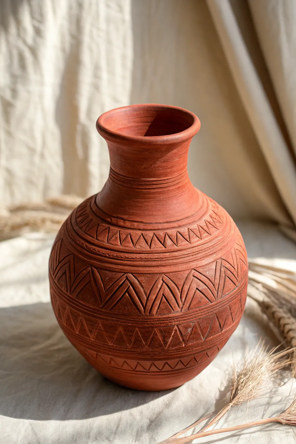 Terracotta vase with carved chevrons, Scandinavian simplicity, warm boho shadows.