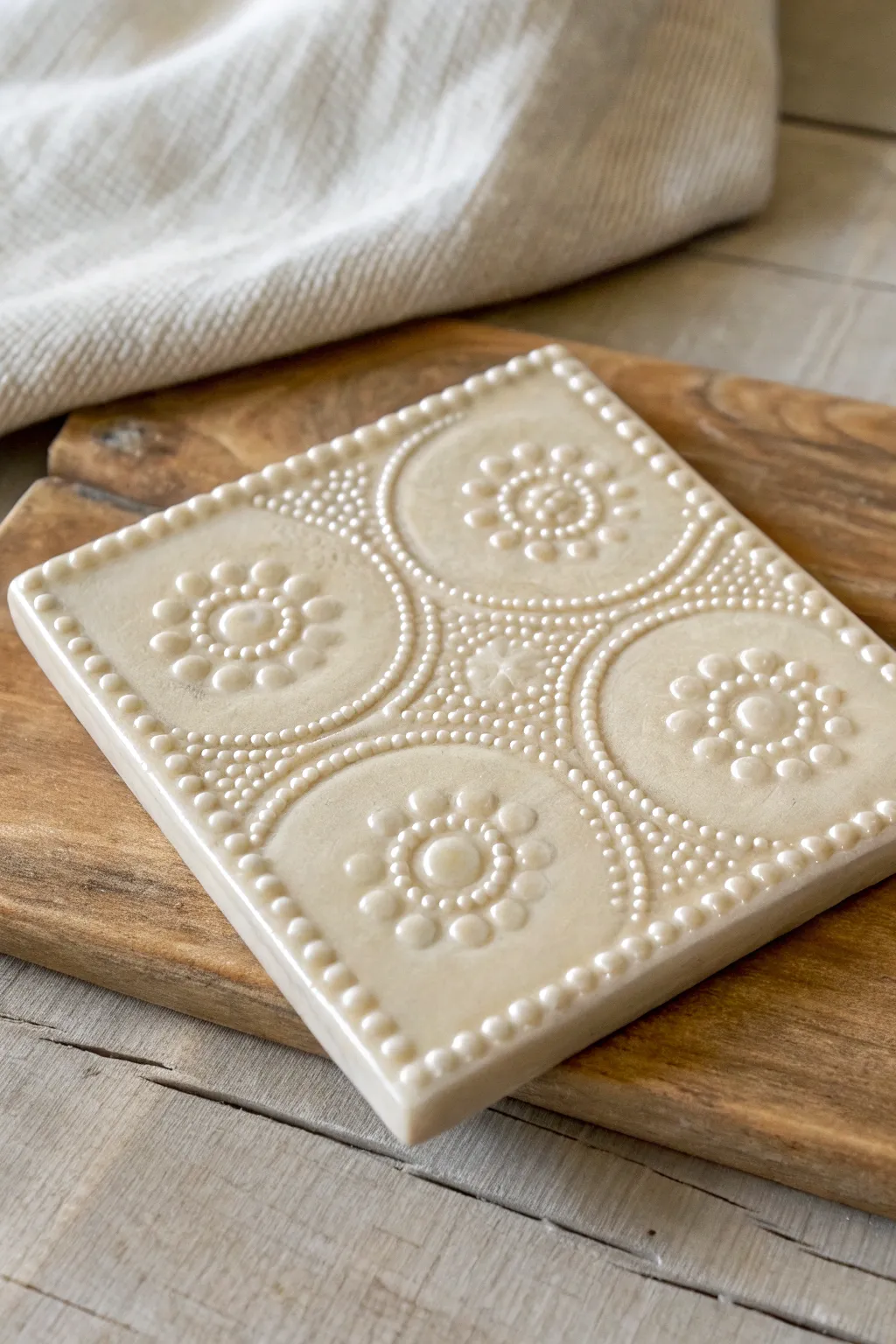 Glossy beaded dot rows create soft arcs and borders on a minimalist relief tile.