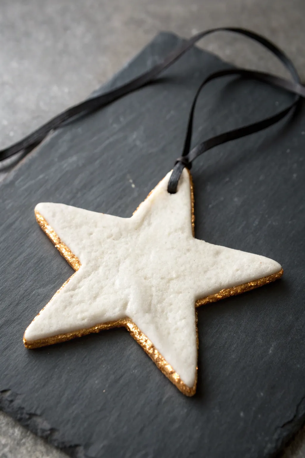 Matte white salt dough star with a crisp metallic edge and black ribbon, styled minimal and luxe.