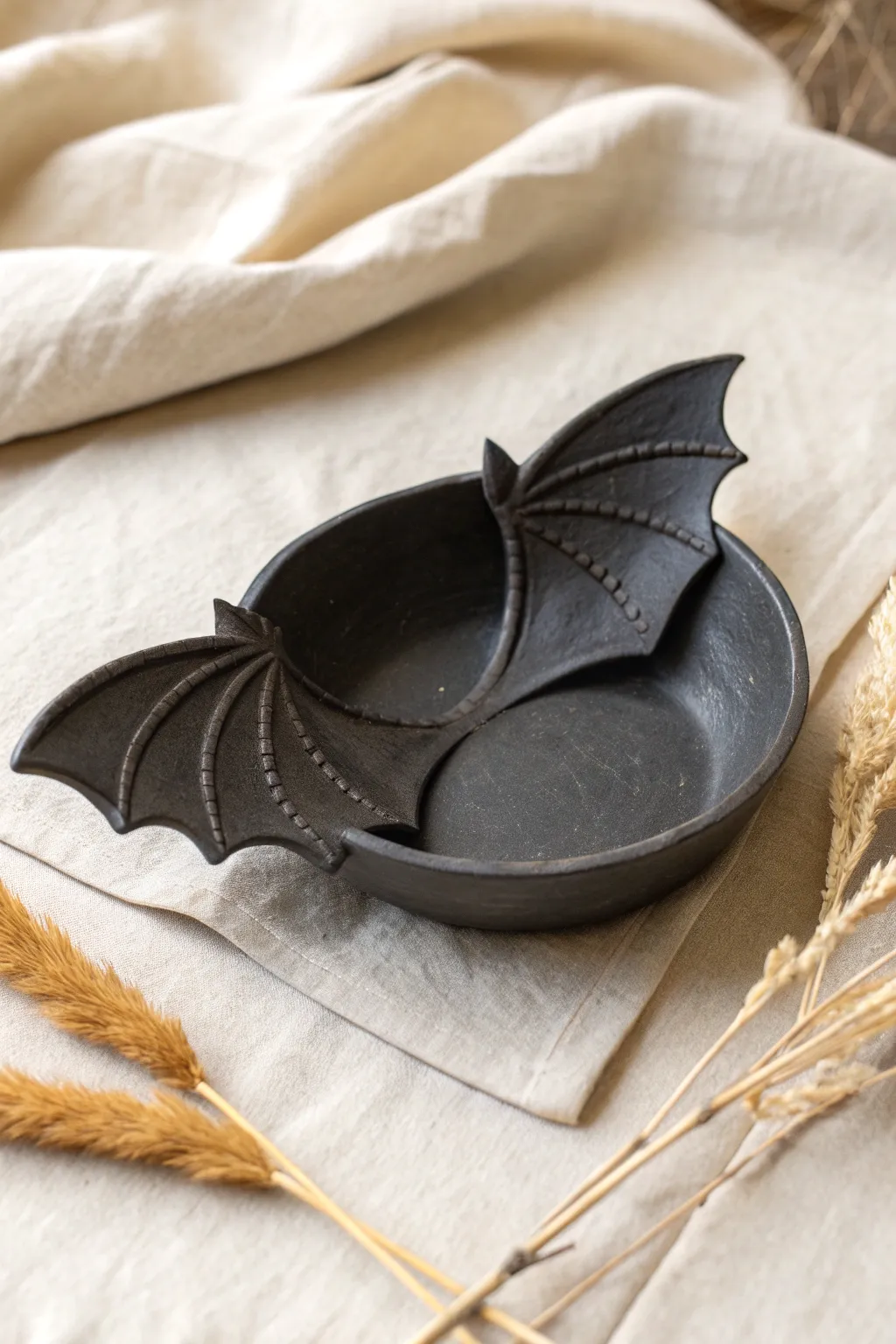 Matte charcoal bat wing trinket dish with clean vein details for subtle spooky minimalist decor