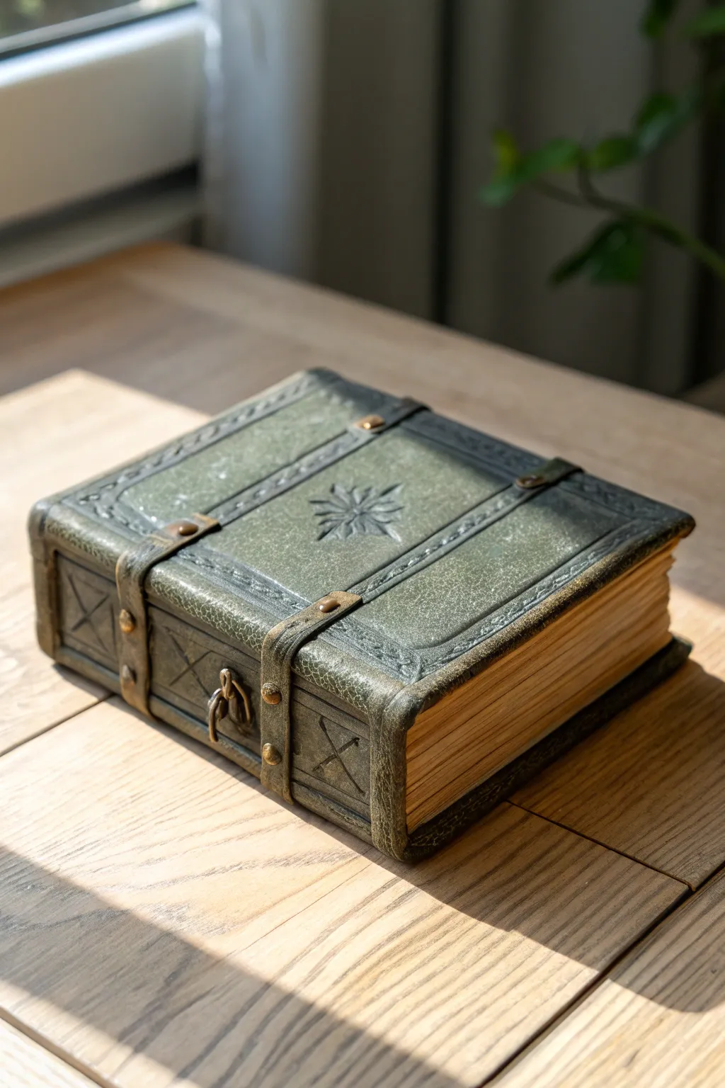 Handmade cursed spellbook keepsake box in clay, minimalist spooky decor with boho warmth.