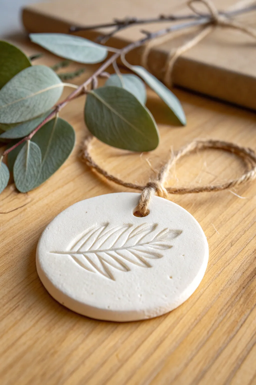 Leaf-imprint clay tag medallion with jute loop, a minimalist gift accent and ornament.