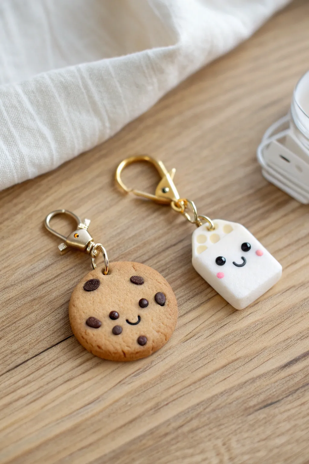 Cute beginner-friendly Sculpey milk and cookie charms styled in a soft minimalist flat lay.