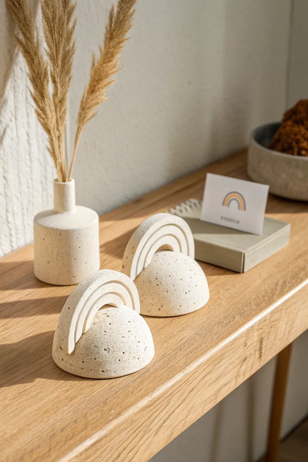 Simple sculpted clay photo holders with soft curves and a modern, airy shelf styling.