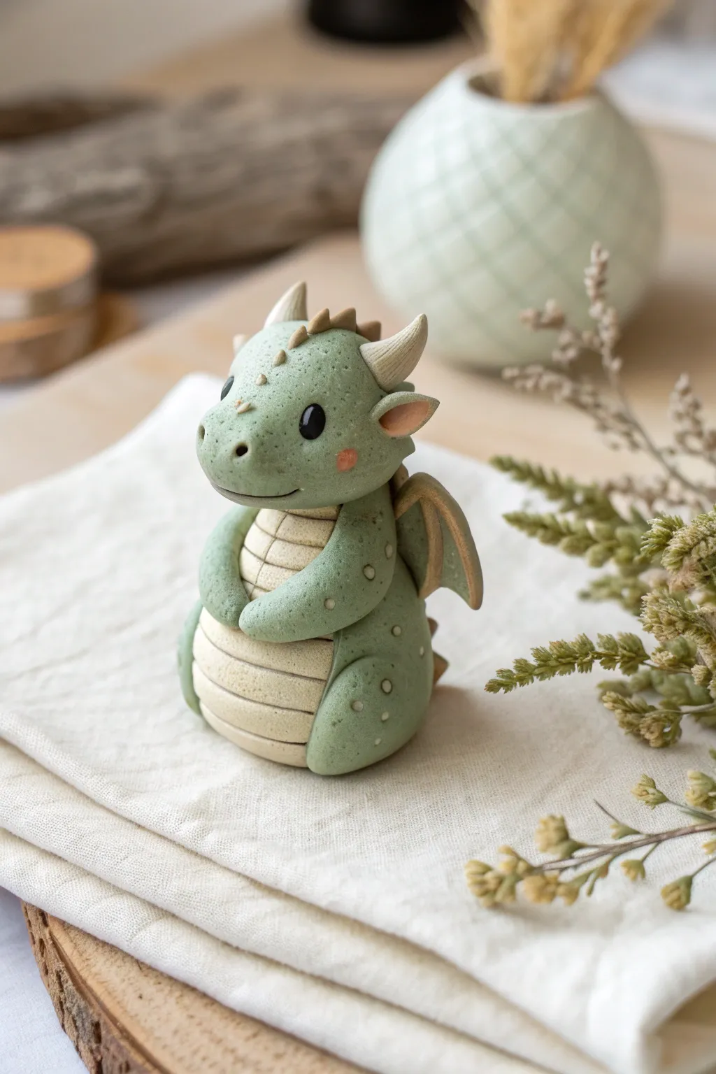 Minimalist polymer clay dragon hatchling with soft matte texture and cozy Scandinavian styling