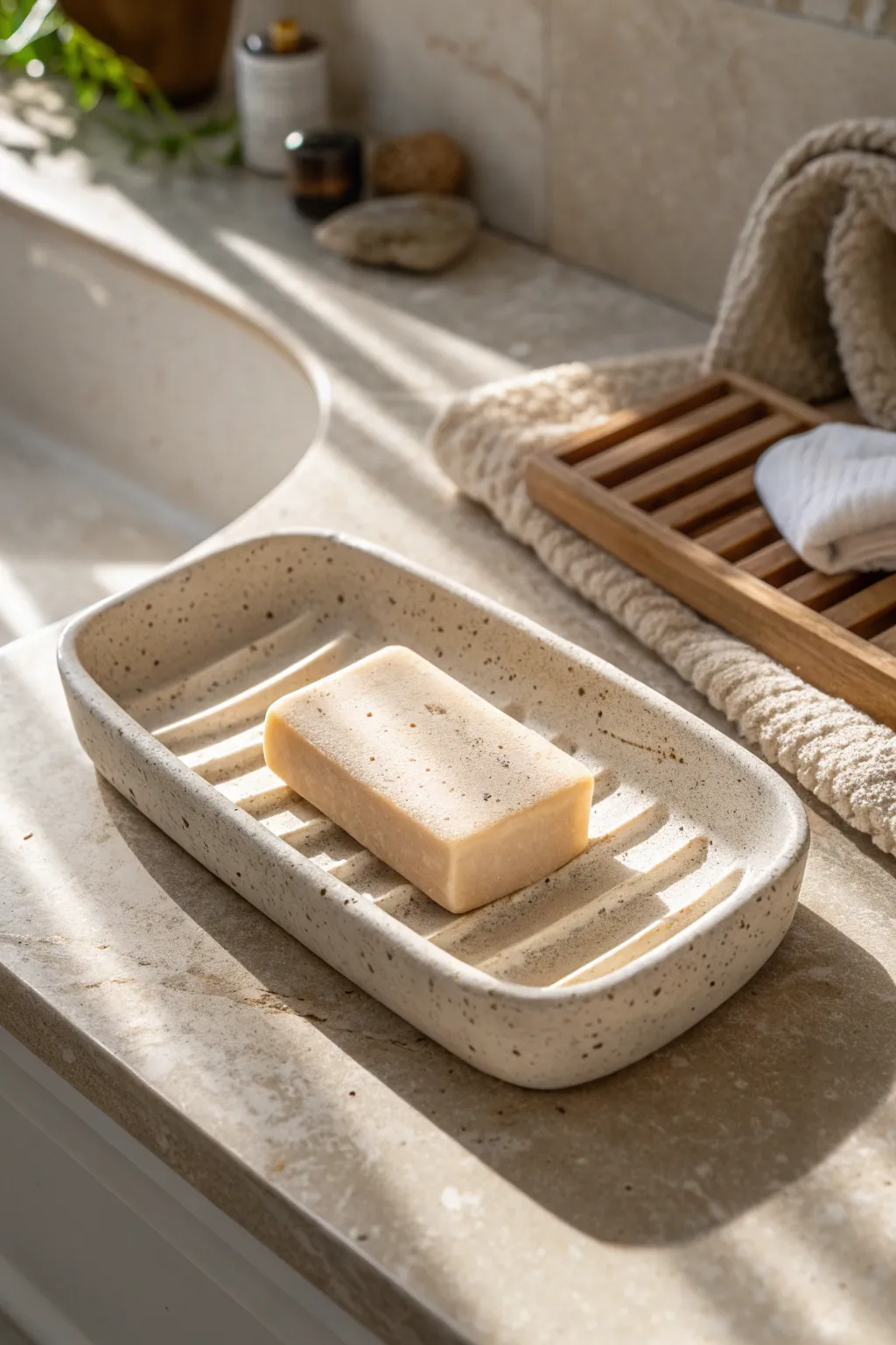 Handmade ridged air-dry clay soap dish that elevates your bathroom with simple, spa-like style.