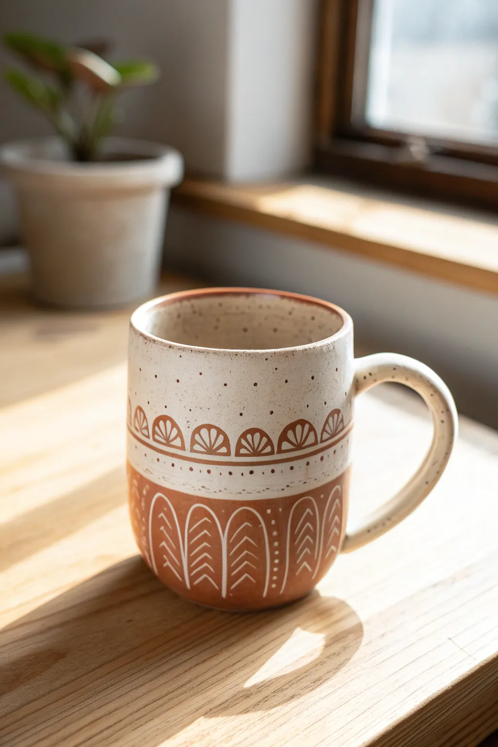 Cozy sgraffito mug with folk-inspired arches and petals, simple trim and handmade charm.