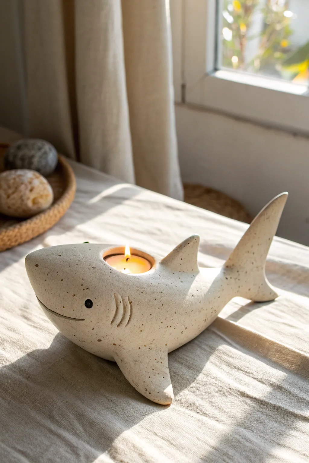 Chunky clay shark tea light holder in cozy neutral tones, minimalist and handmade with soft contrast