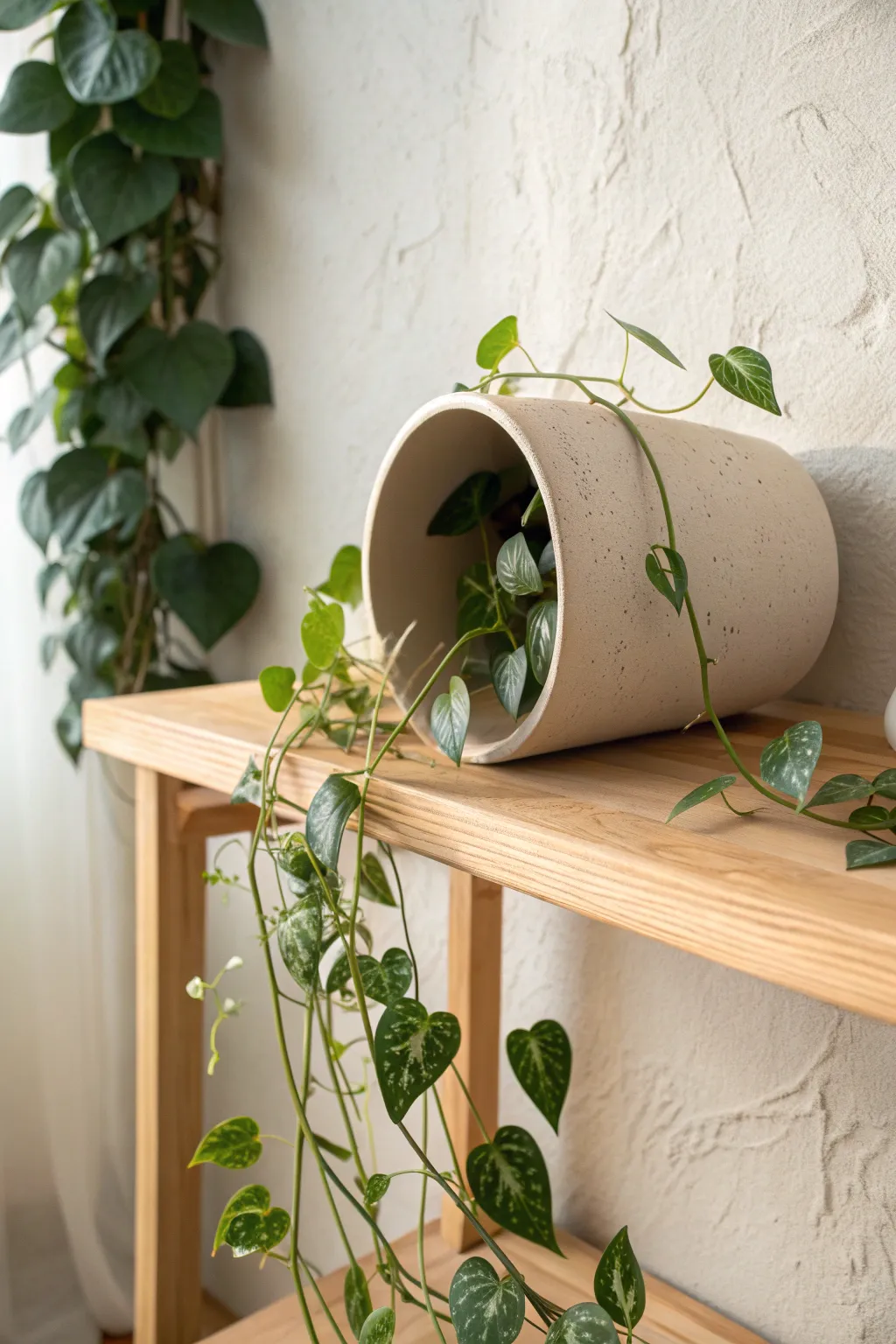 Sideways ceramic cylinder planter on a shelf with cascading greenery, simple and serene.