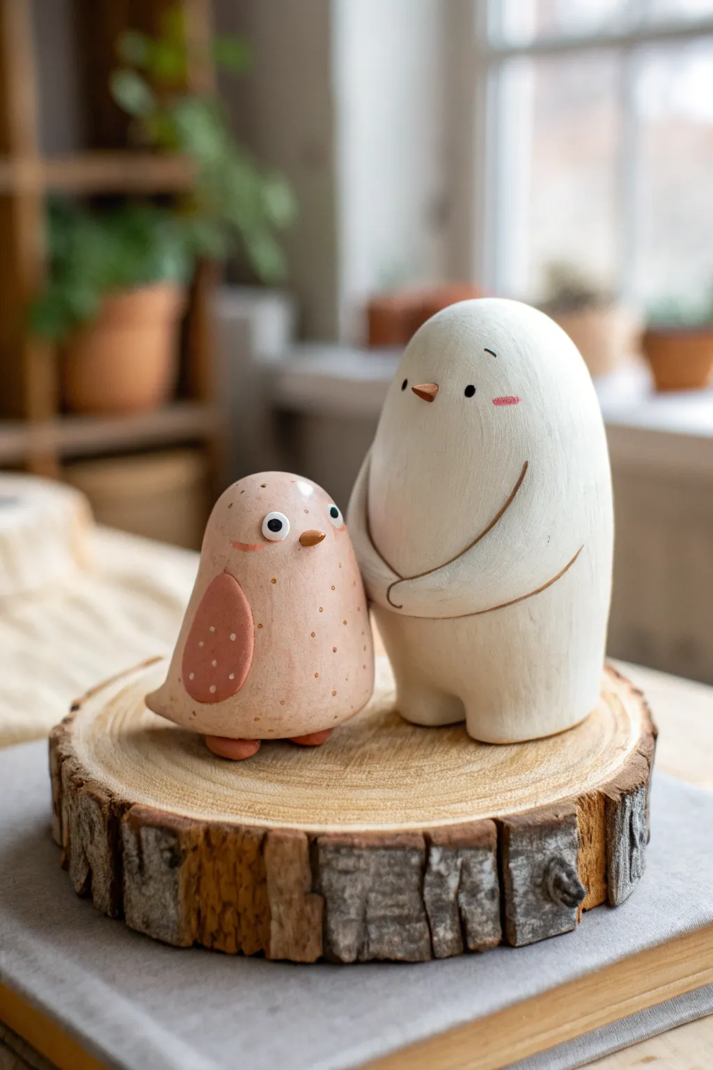 Sweetly awkward clay besties: blob monster and derpy bird hugging in minimalist boho style.