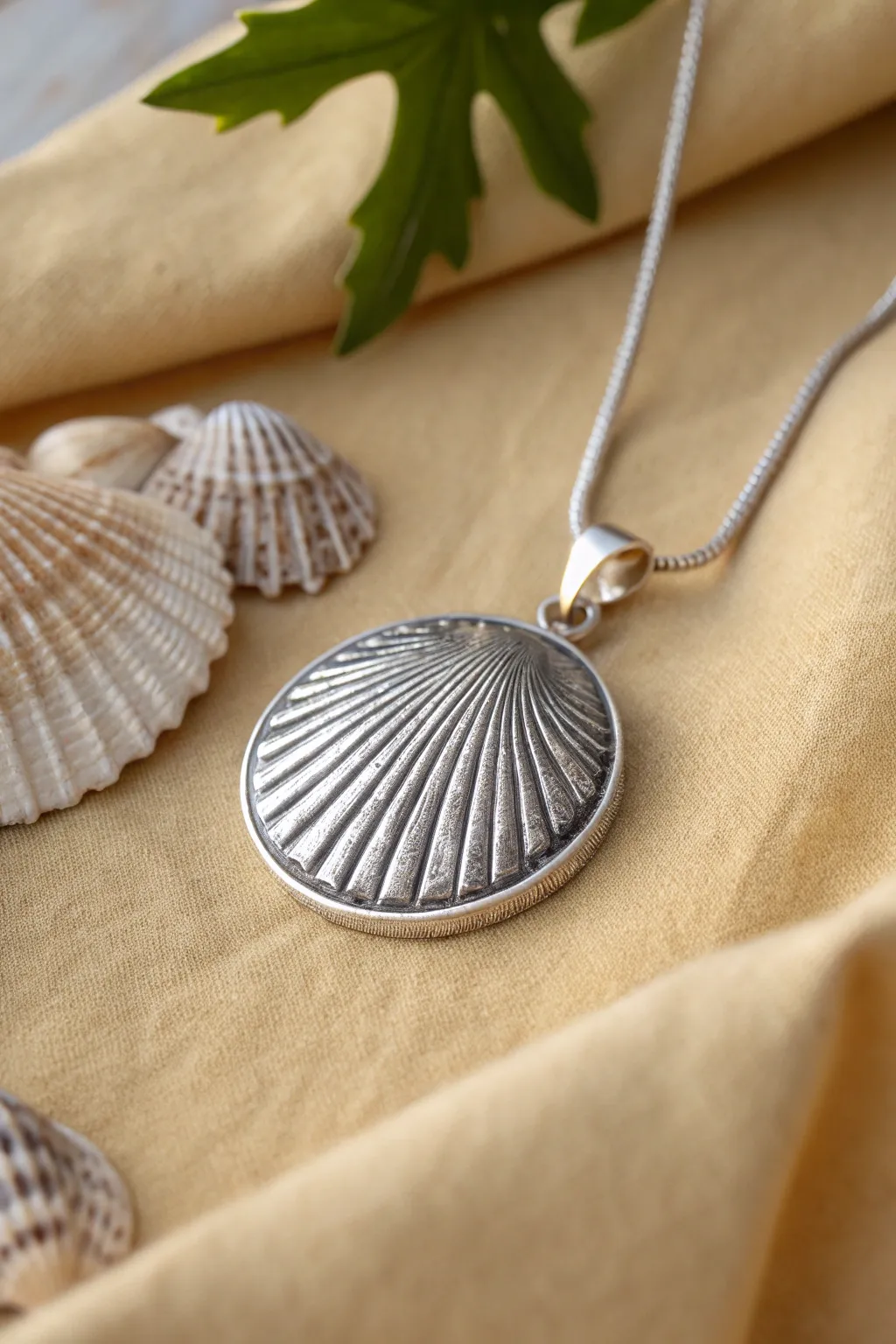 Shell ripple silver clay medallion with soft darkened grooves for calm coastal elegance