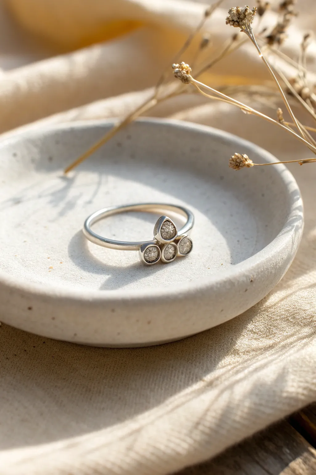 Tiny trio stone cluster band in silver clay, minimal sparkle on a handcrafted ceramic dish.