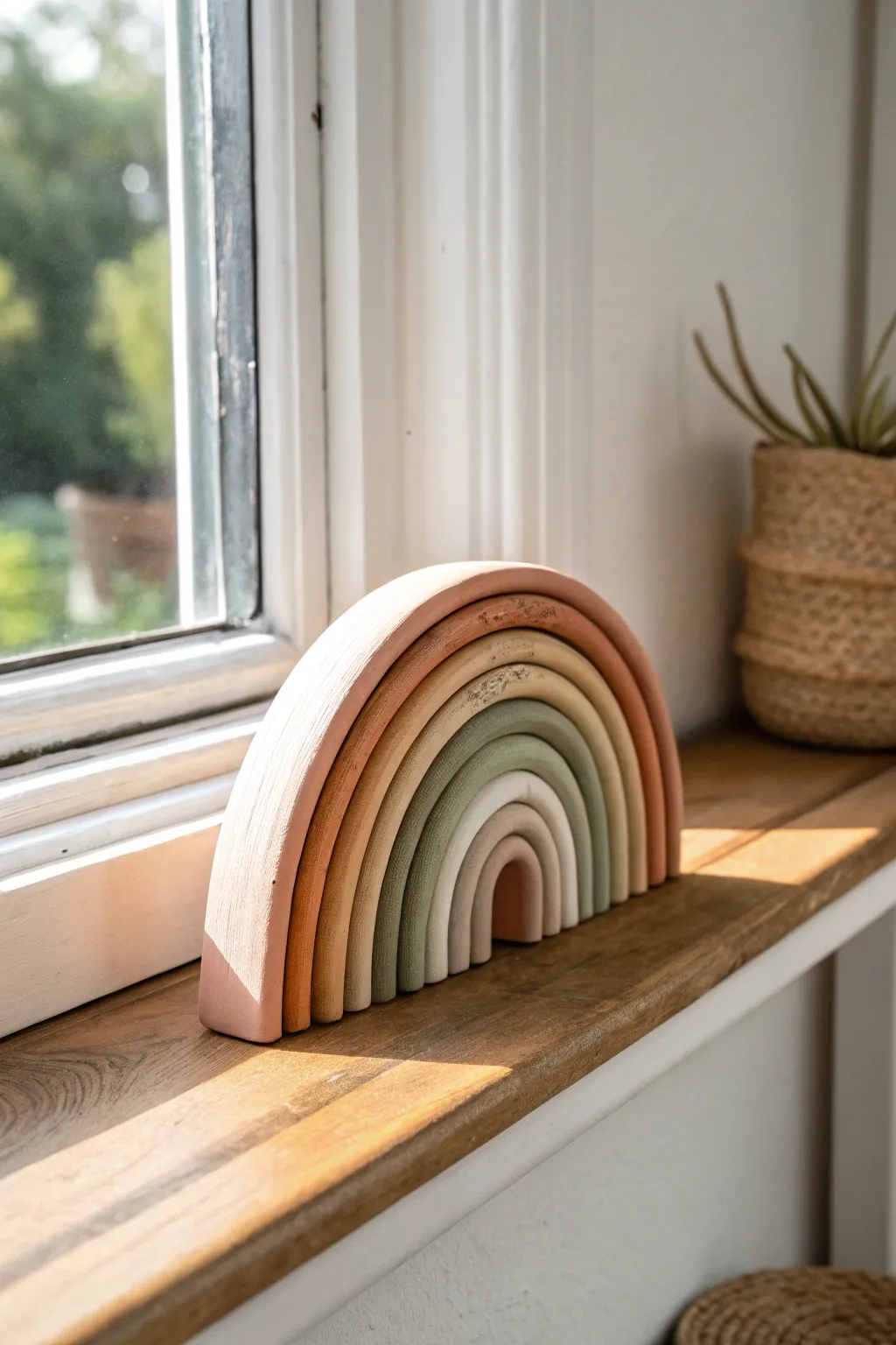Muted coil clay rainbow ornament with handmade texture, styled simply on a light wooden shelf.