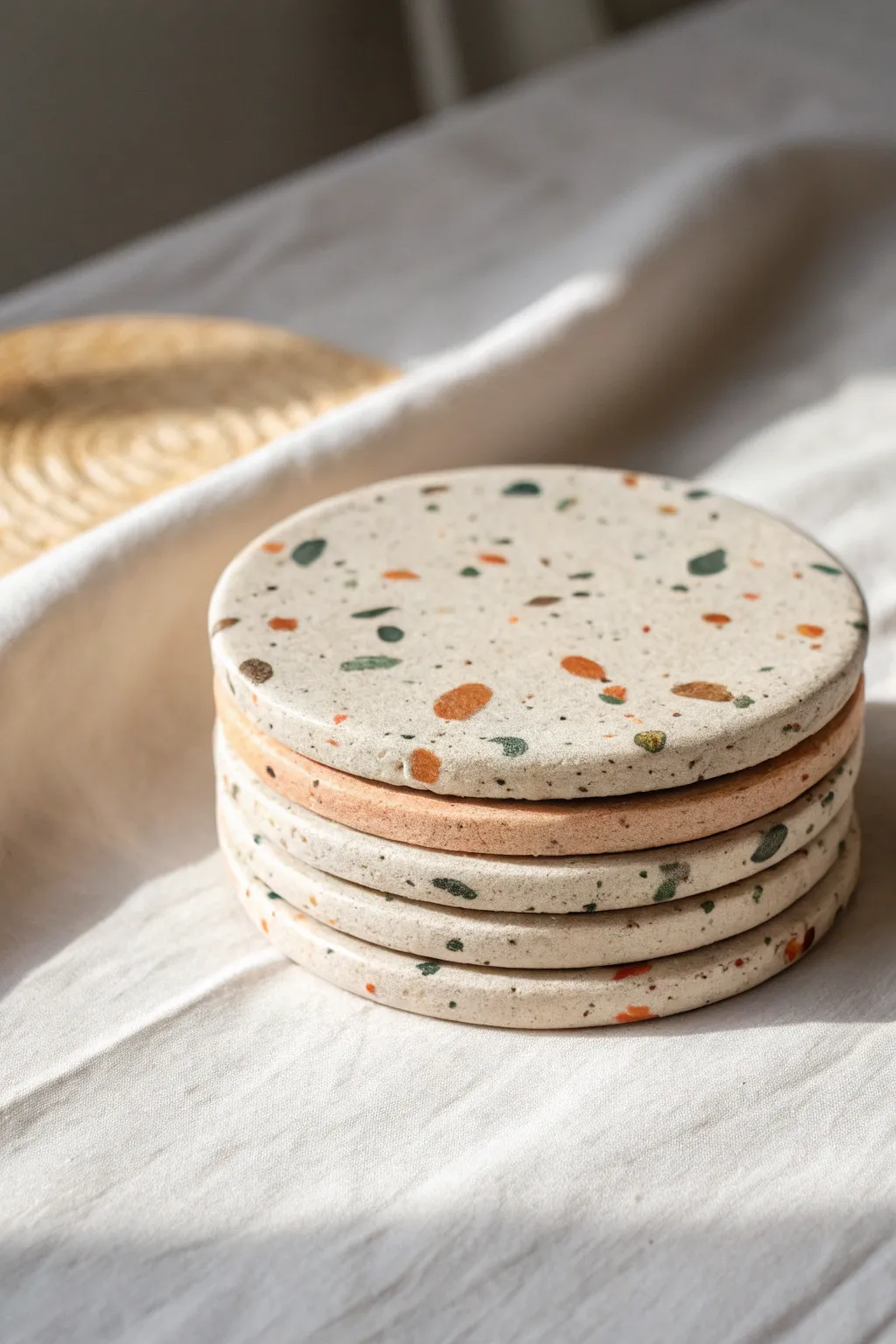 Muted terrazzo speckled air-dry clay coasters with a clean minimalist, handmade finish