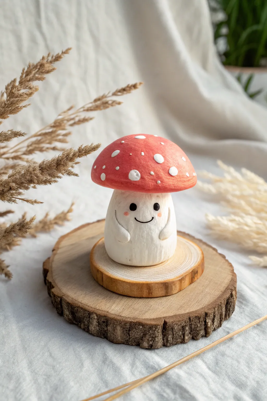 Easy air dry clay mushroom buddy with bright cap on warm wood slice, Scandinavian boho vibe