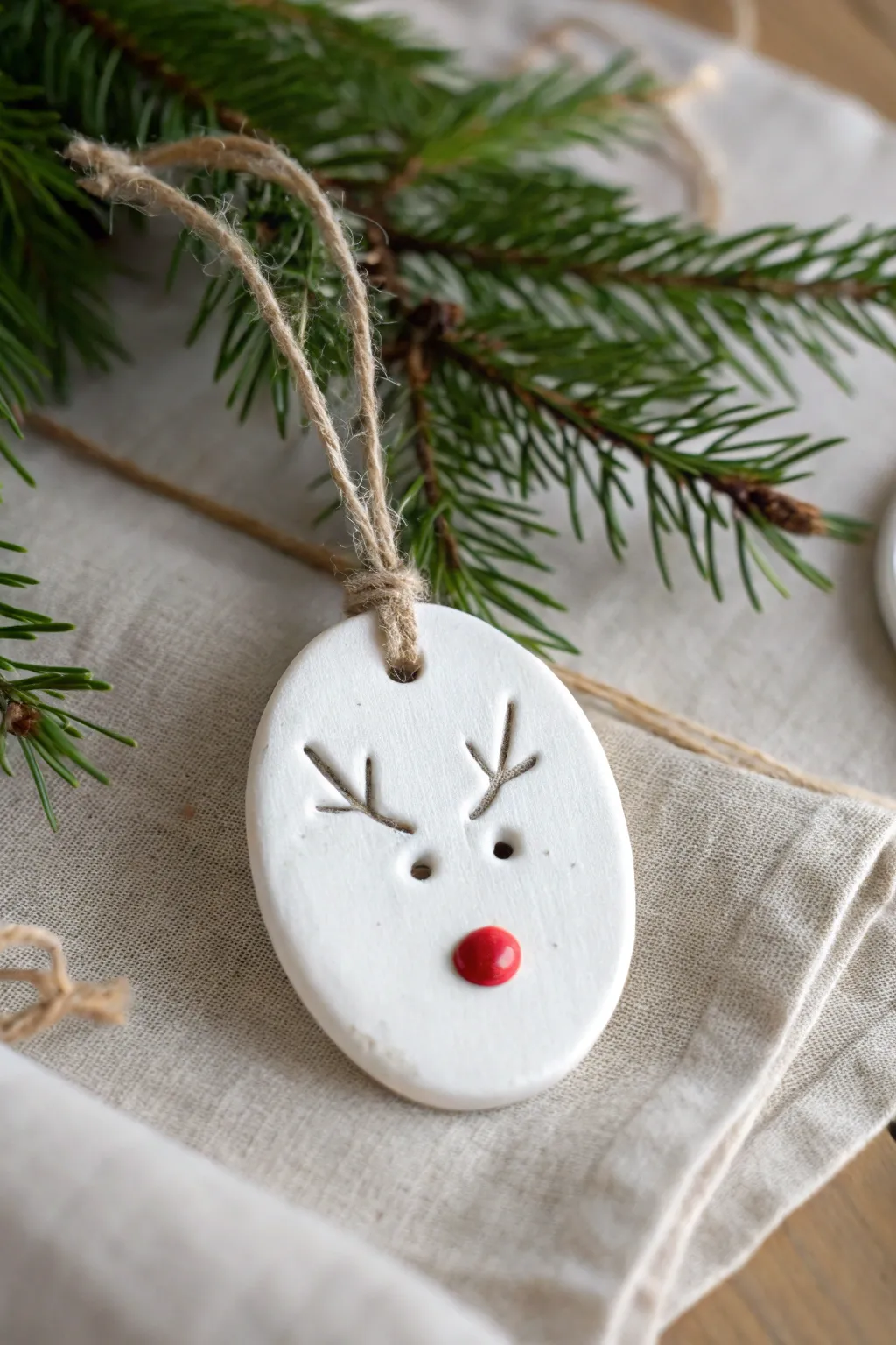 Minimal thumbprint reindeer ornament in white clay with tiny antlers and a red nose accent.