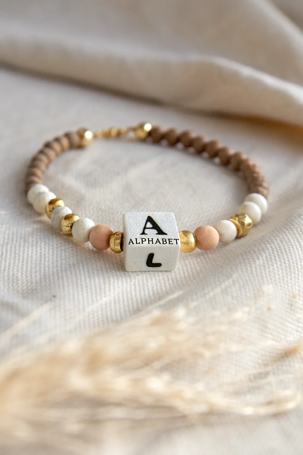 Minimal initial bracelet with tiny spacers and neutral heishi beads for a chic everyday look.