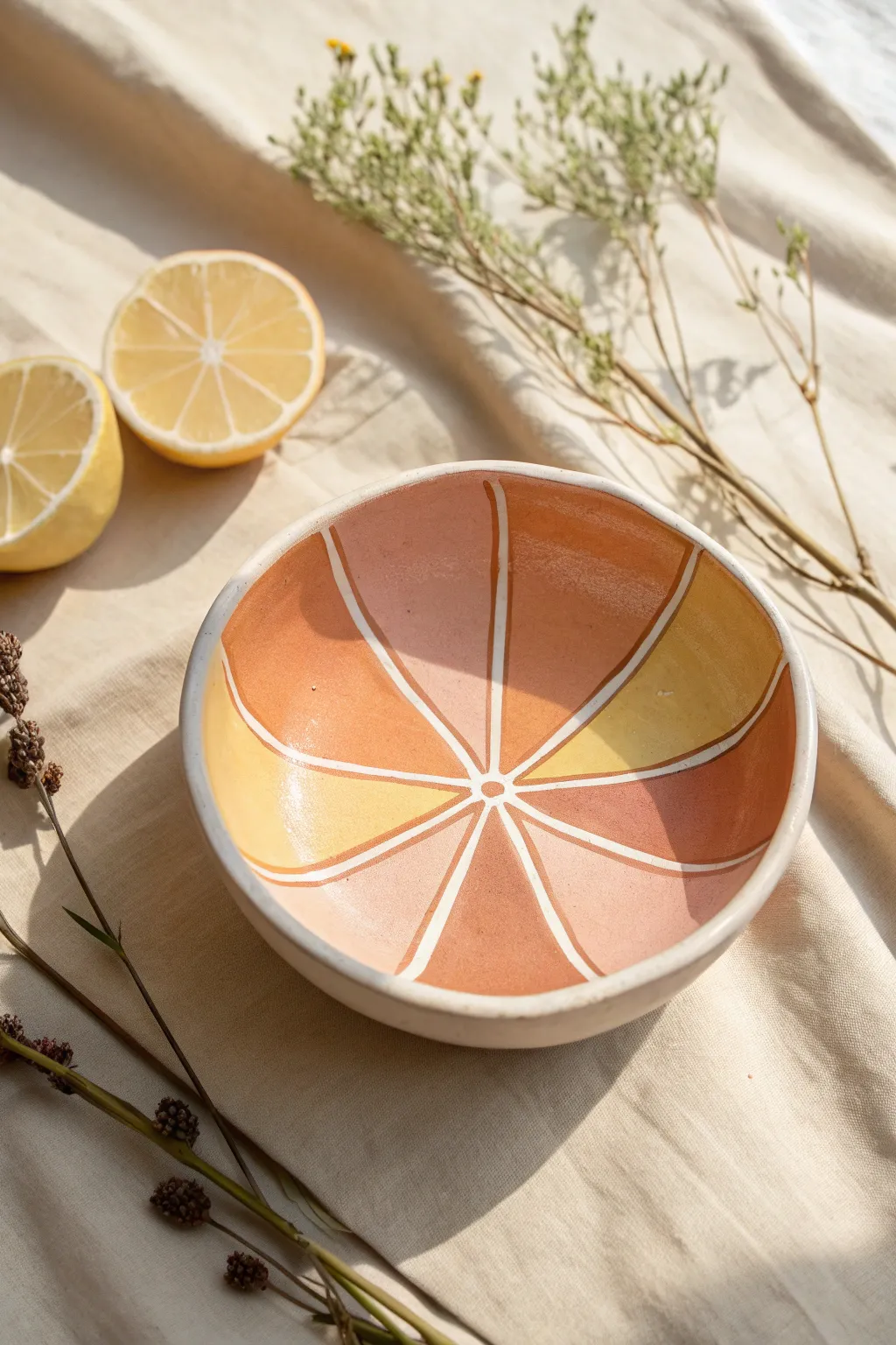 Simple citrus-slice painted clay bowl in soft pastels, overhead on linen for bright minimal charm