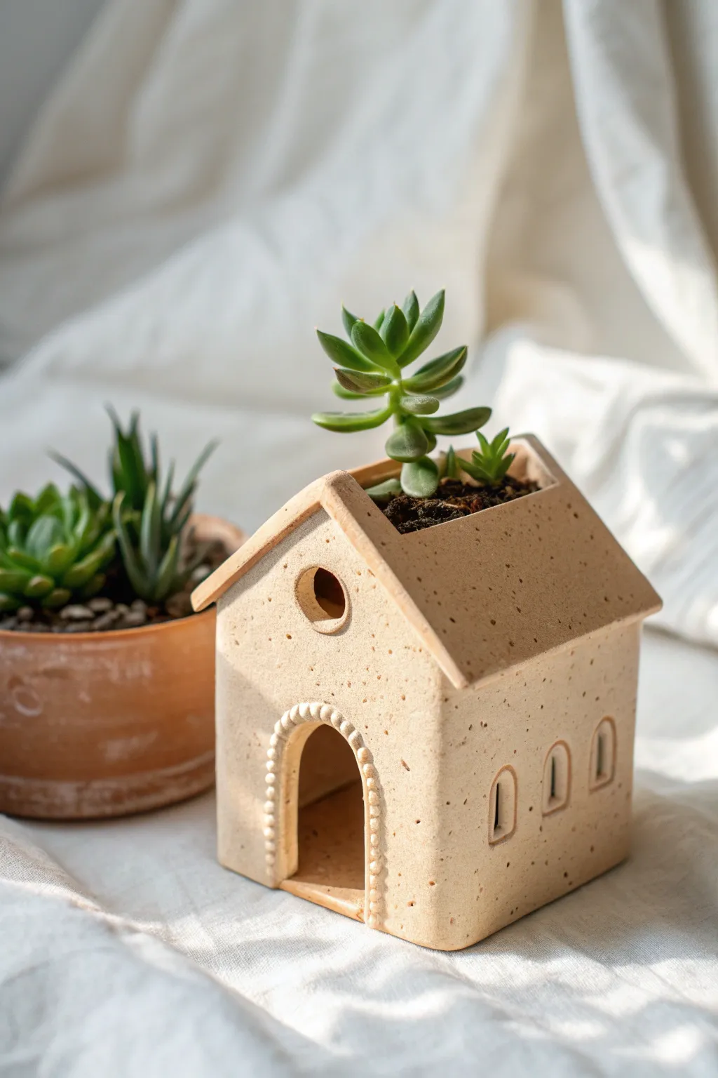 Sweet little clay planter house with a tiny opening and a succulent for a cozy living-home vibe