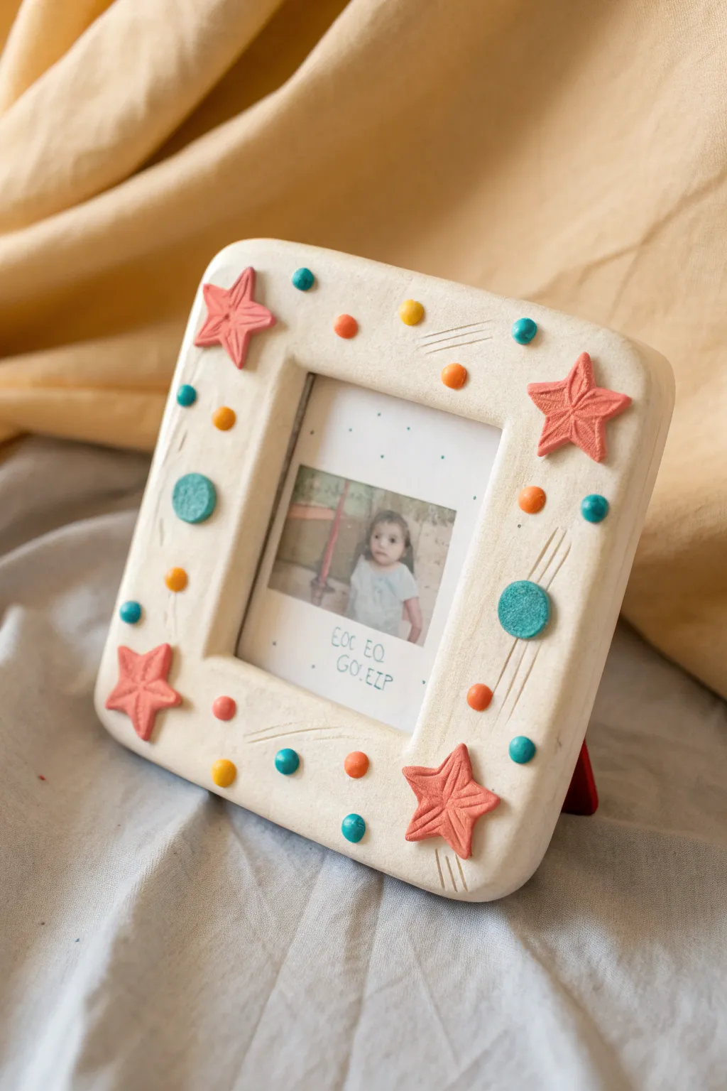 Chunky colorful clay picture frame with easy stars, dots, and coils, styled minimal and bright