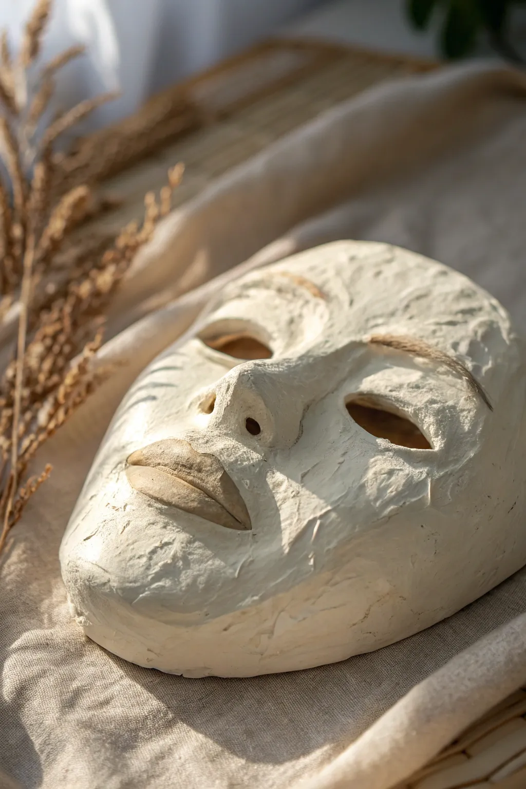 Soft surreal clay face mask in pale ivory, gently melted details, minimalist Nordic styling.