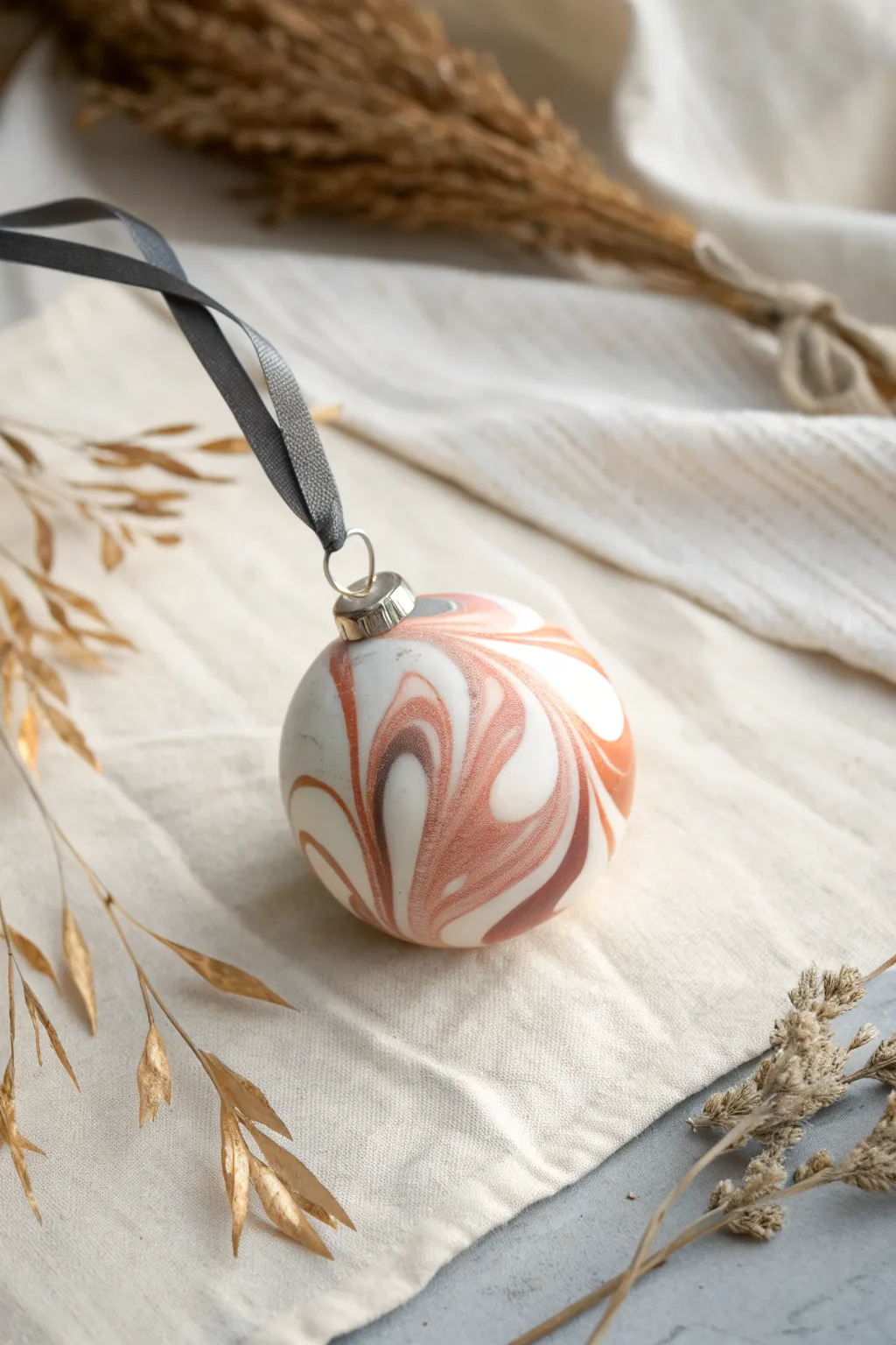 Simple marbled polymer clay bauble in soft blush and terracotta, finished smooth with ribbon loop.