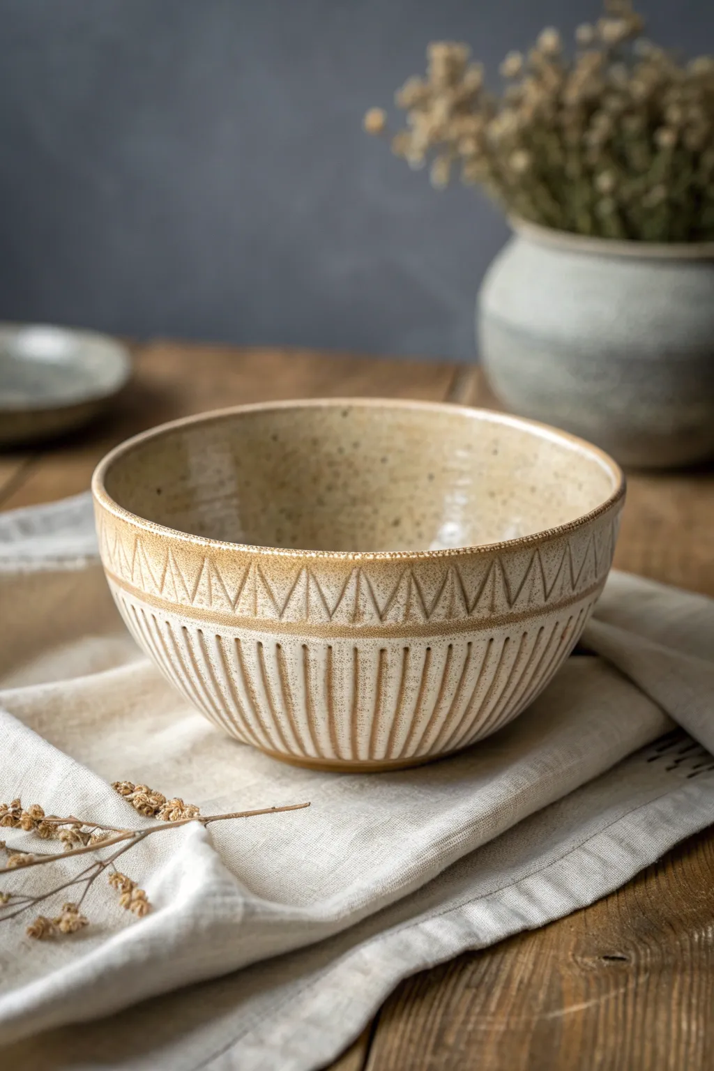 A simple fork-tine striped bowl in earthy tones, perfect for easy beginner-friendly clay texture.