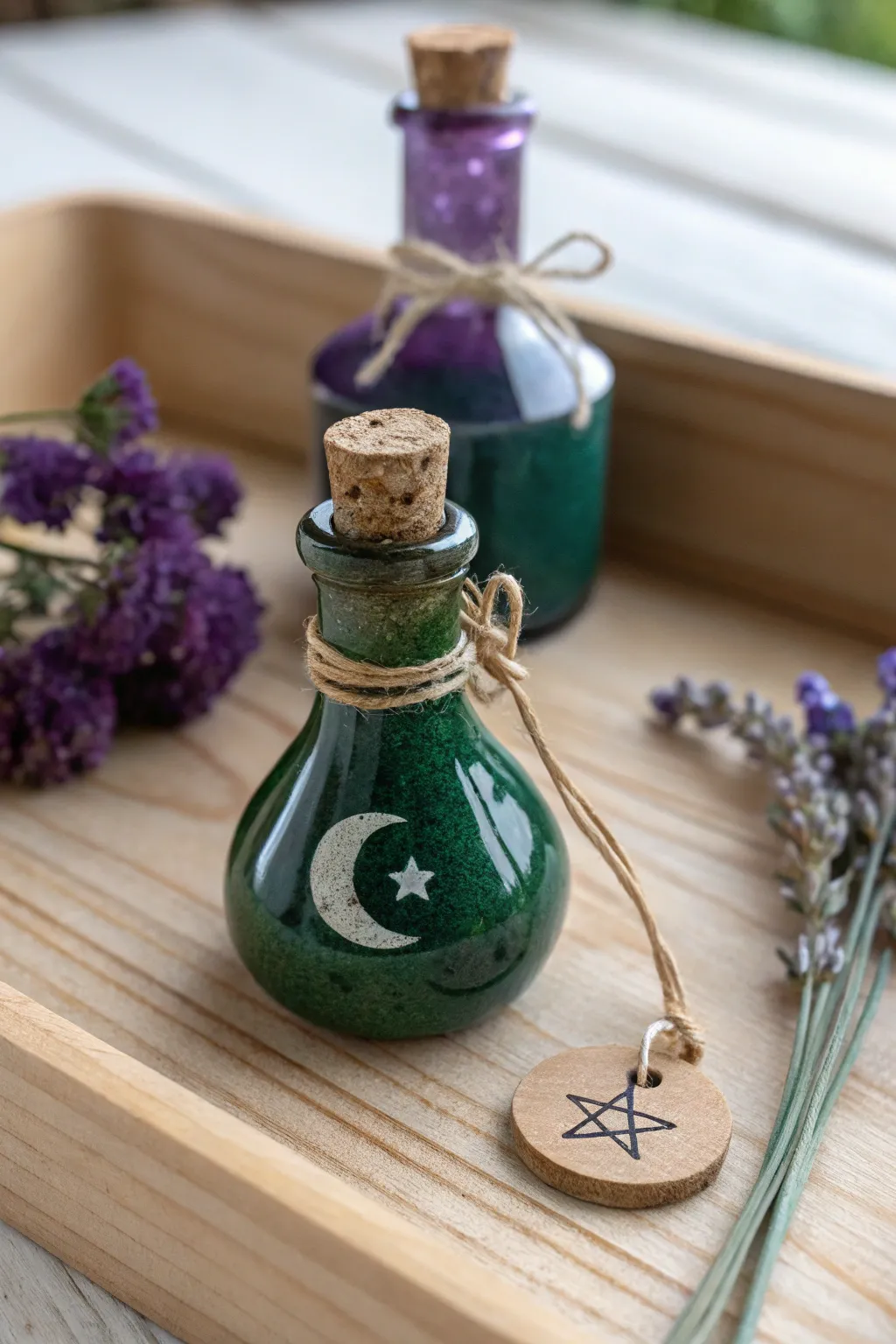 Tiny clay potion bottle pendants in jewel tones, minimalist boho style, ready for Halloween DIY