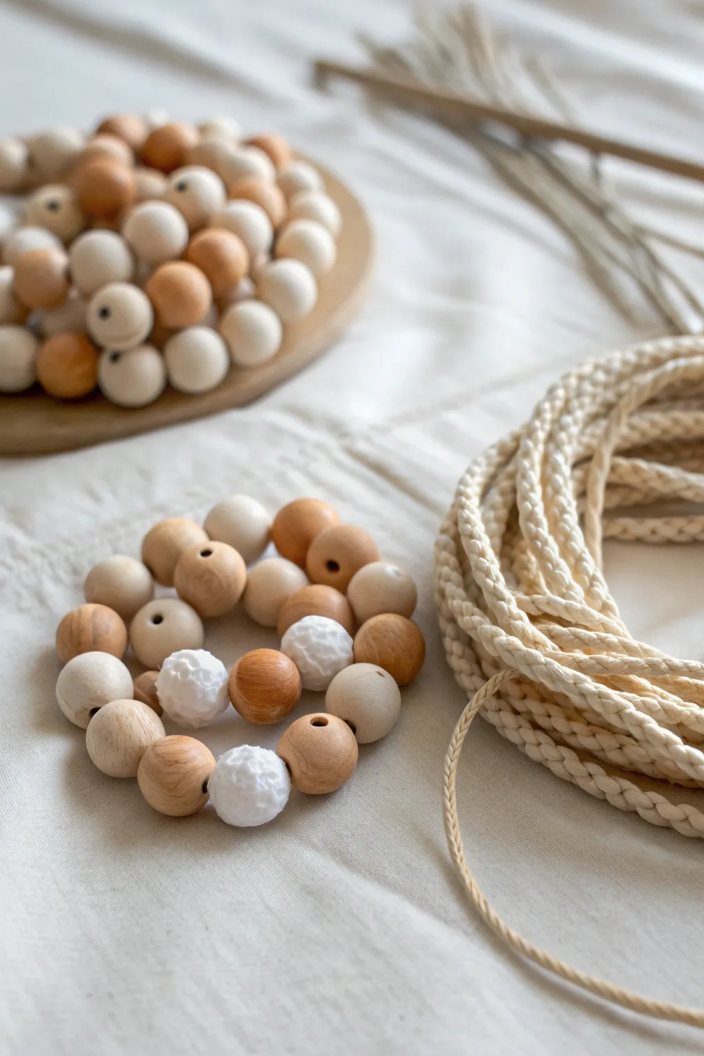 Easy marbled clay beads in soft neutrals, ready to string into a simple bracelet.