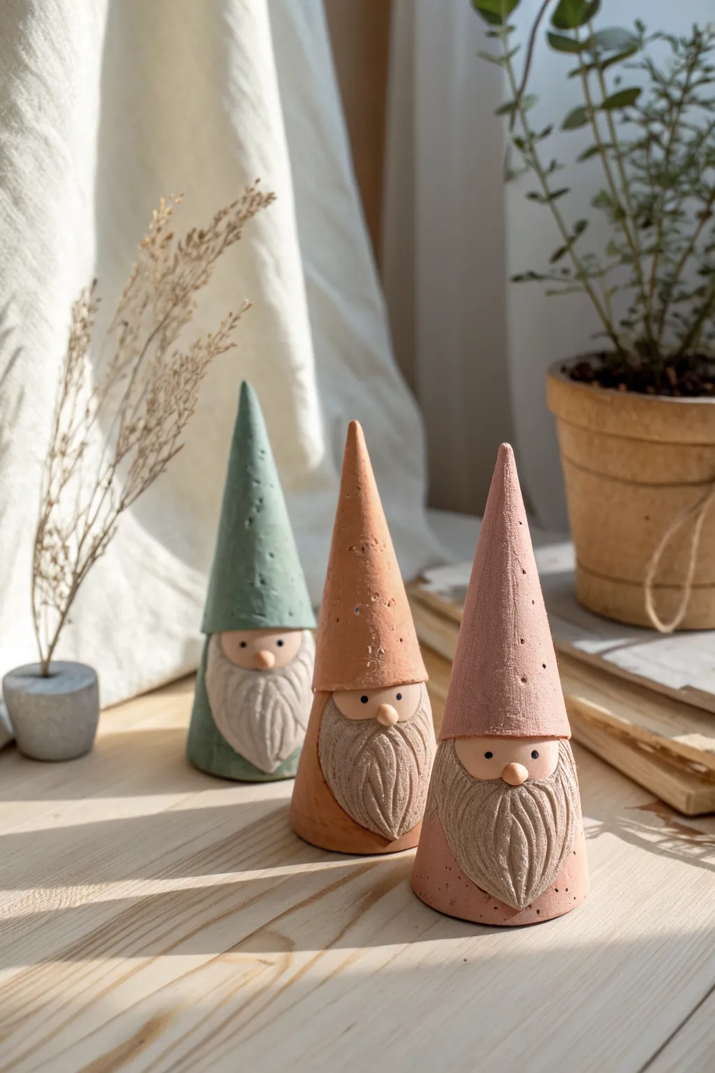 Tiny clay gnomes with cone hats and simple beards, a sweet and easy modeling clay project for kids