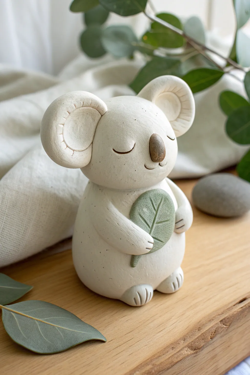 Sleepy koala clay figure hugging a leaf, minimal and cozy Scandinavian-boho decor inspiration.