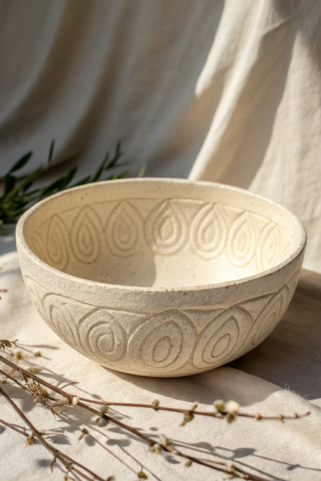 Minimal slab bowl with raised slip doodles, softly lit to highlight texture and handmade charm.