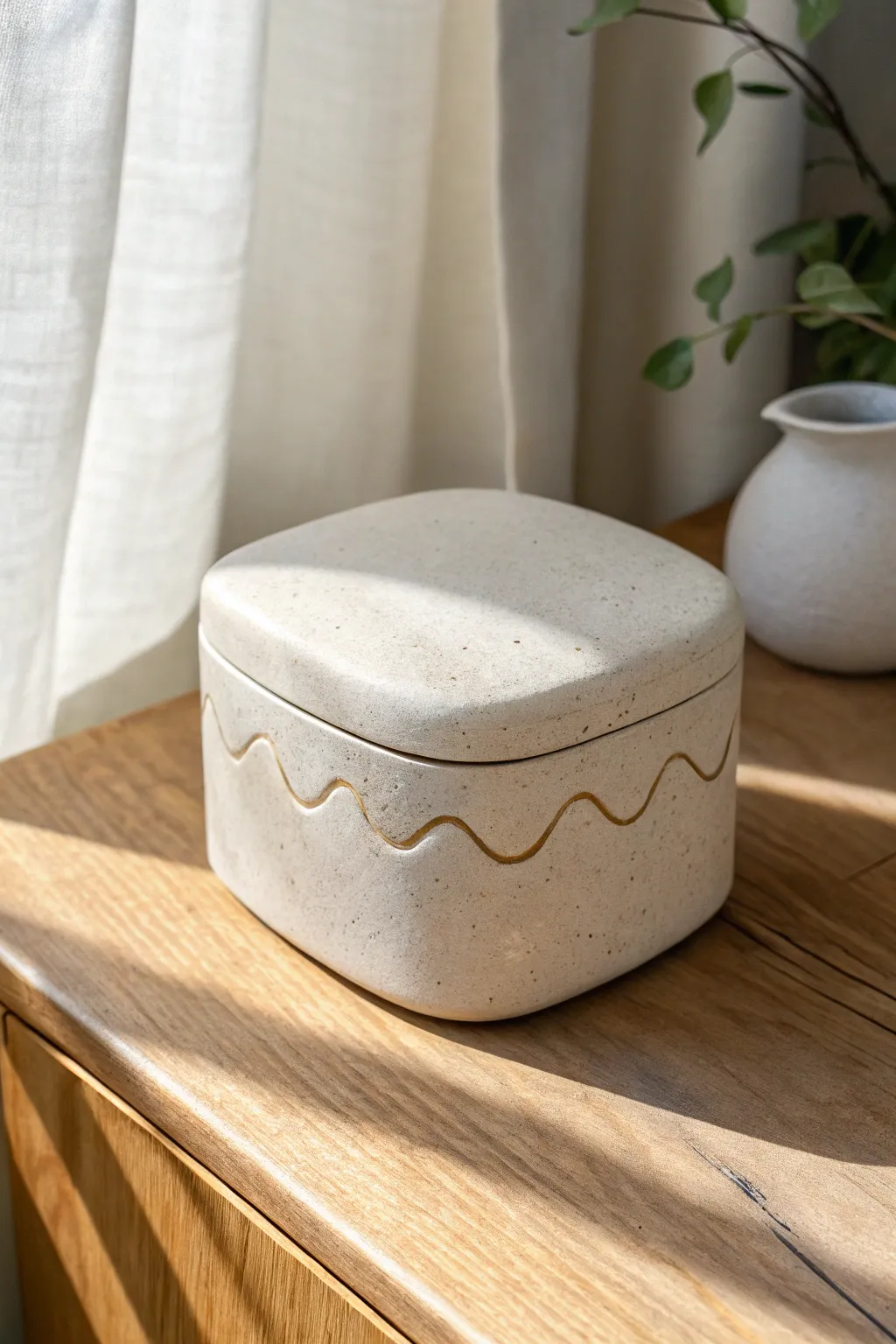 A playful wavy-seam slab box in matte speckled clay, minimalist and softly boho.