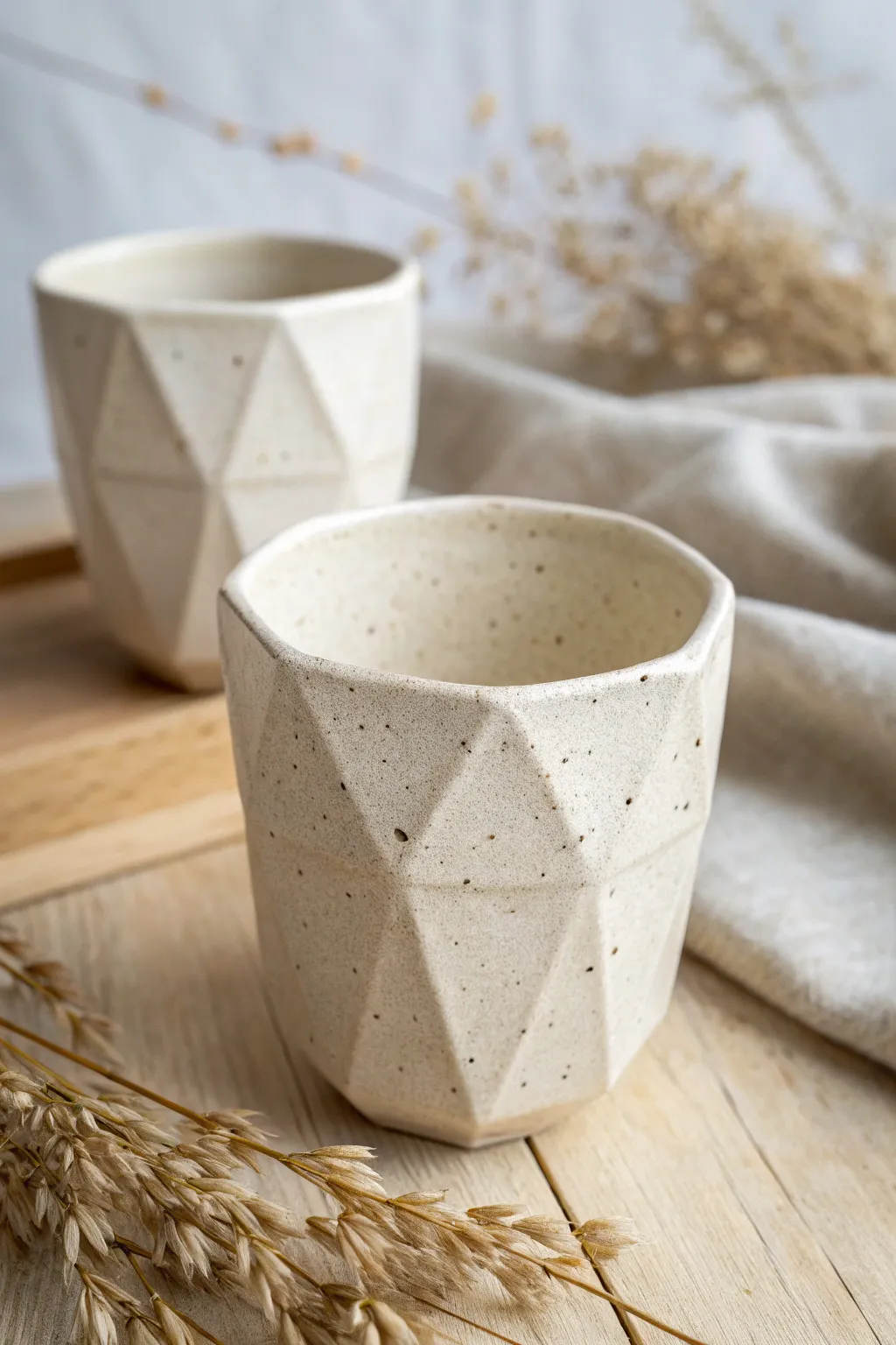Darted slab cup with soft facets in matte stoneware, minimalist boho contrast for your next slab build.