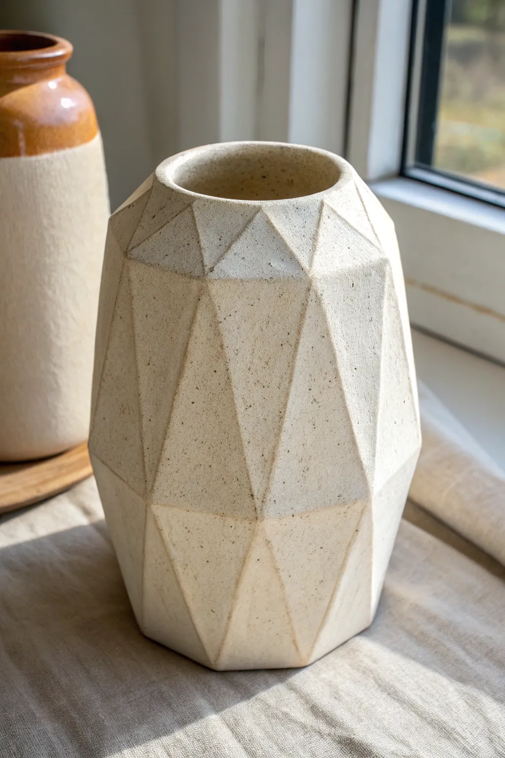 Softly faceted slab cylinder vase with clean planes, matte finish, and calm minimalist contrast