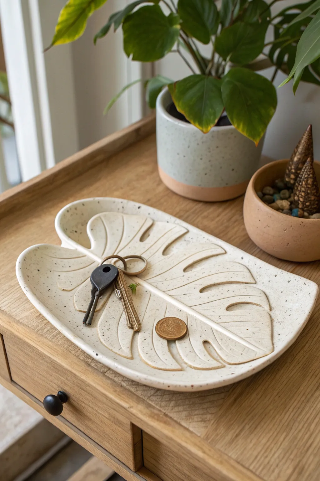 Monstera-inspired slab catchall tray—simple, curved, and perfect for keys and coins.