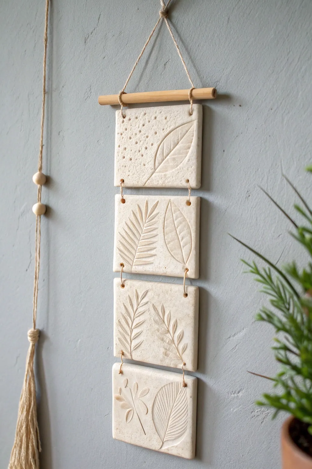 Beginner slab texture sampler: four handmade tiles as a simple, airy wall hanging
