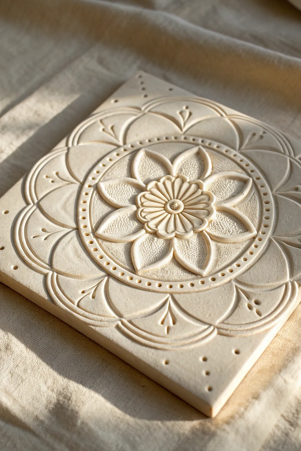 Serene mandala slab tile with soft low relief layers, crisp edges, and calming handmade symmetry