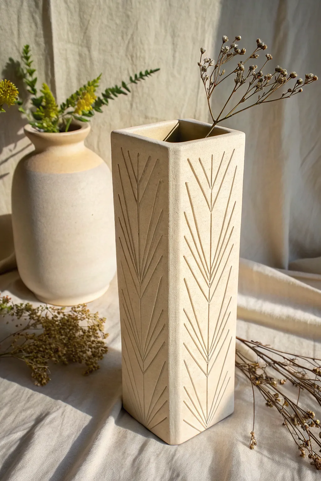 Bold carved linework on a slab vase for a clean, graphic look with high-contrast beauty