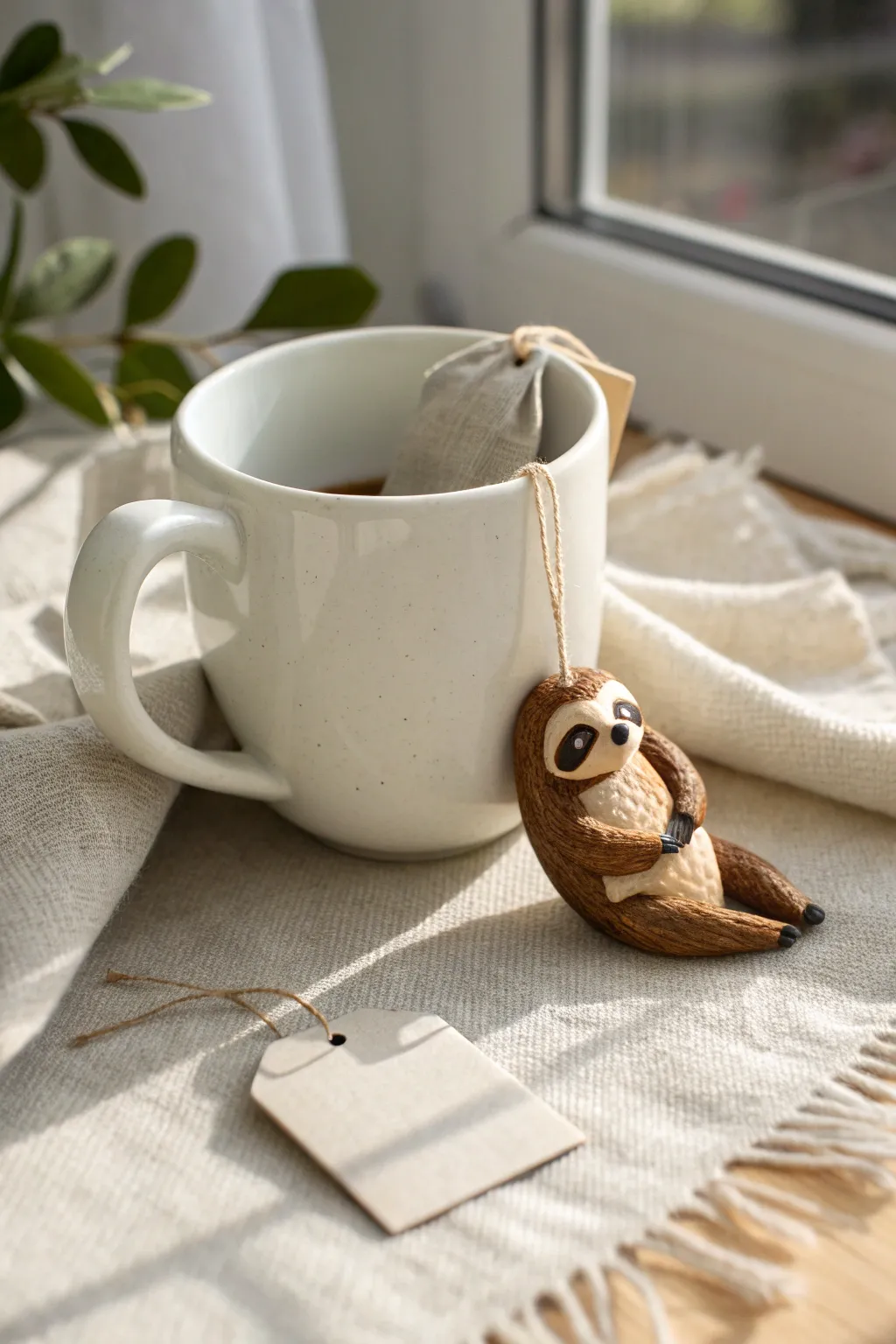 Tiny sloth clip-on tea bag holder bringing cozy boho charm to a clean Scandinavian mug.