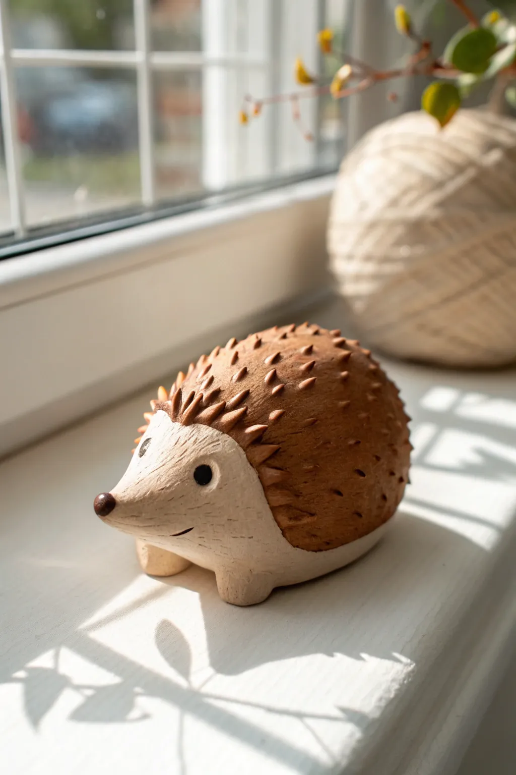 Tiny textured clay hedgehog in warm earthy tones, minimalist and softly lit on a clean backdrop