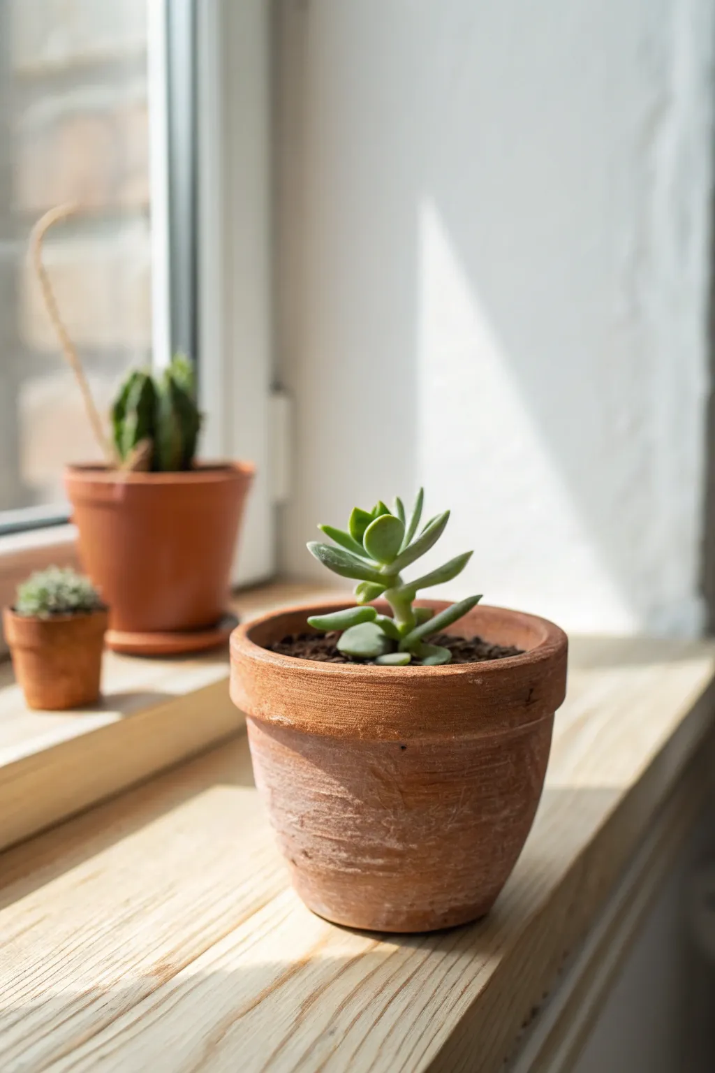 Mini clay planter with tiny succulent on a sunlit sill, minimalist boho detail for small spaces.
